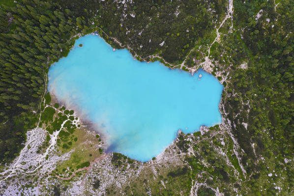 Sorapiss lake from above, Cortina di Ampezzo, Belluno, Veneto, Italy, Southern Europe