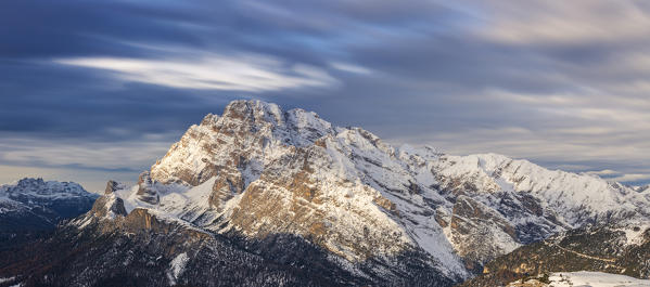 Clouds over Monte Cristallo at sunrise viwed from Rifugio Auronzo, Belluno, Auronzo di Cadore, Veneto, Italy, Western Europe