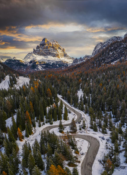 Aerial view of road to Tre Cime di Lavaredo at sunrise, Misurina, Belluno, Auronzo di Cadore, Veneto, Italy, Western Europe