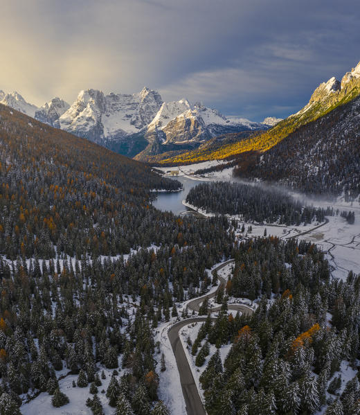 Aerial view of road to Misurina at sunrise, Misurina, Belluno, Auronzo di Cadore, Veneto, Italy, Western Europe