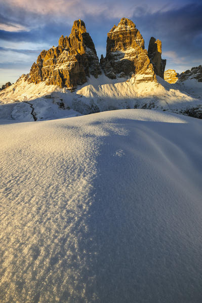Tre Cime di Lavaredo at sunset, Auronzo di Cadore, Belluno, Veneto, Italy, Western Europe