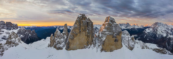 Aerial view of Tre Cime di Lavaredo at sunrise during winter, Dobbiaco, Bozen, Trentino Alto Adige, Italy, Western Europe
