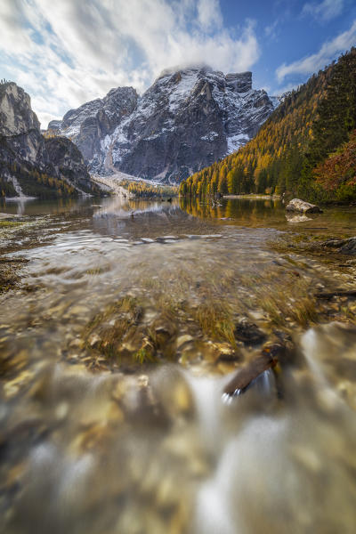 Braies lake during autumn, Braies, Bolzano, Trentino Alto Adige, Italy, Western Europe