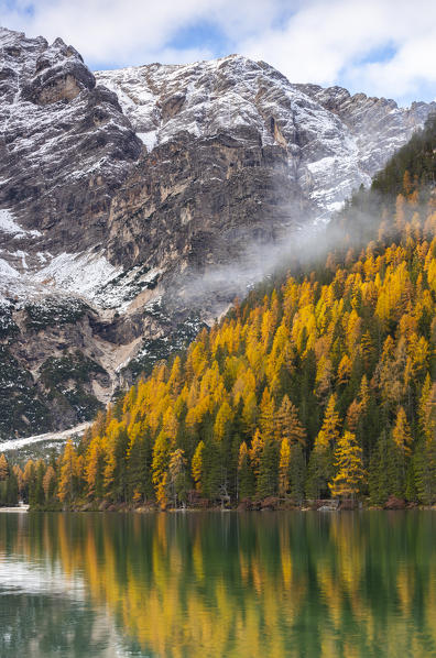 Braies lake during autumn at sunrise, Braies, Bolzano, Trentino Alto Adige, Italy, Western Europe