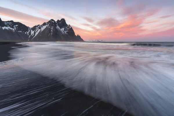 Vestrahorn and waves at sunset, Stokksnes peninsula, Hofn, Austurland, Iceland , Northern Europe