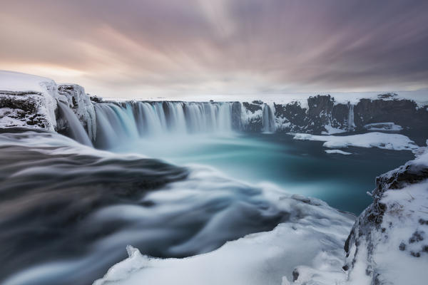Goðafoss waterfall at sunset during winter time, Akureiry, Iceland, Northern Europe