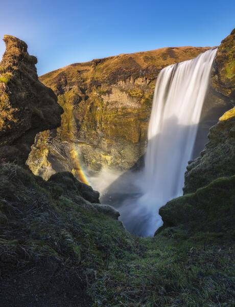 Rainbow at Skógafoss during sunset, Skógar, Iceland, Northern Europe 
