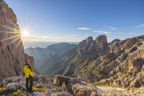 Sunset at Vajolet Towers during summer, Gruppo del Catinaccio, Dolomiti di Gardena, Bolzano, Tires, Trentino Alto Adige, Italy, Southern Europe