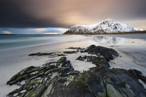 Sunset at Skagsanden beach, Flakstadoya, Nordland, Lofoten, Norway, Northern Europe