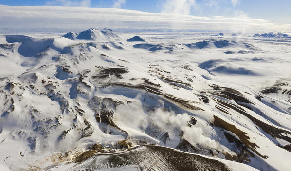 Aerial view of Krafla area during winter, Reykjahlid, Nordurland eystra, Iceland, Northern Europe