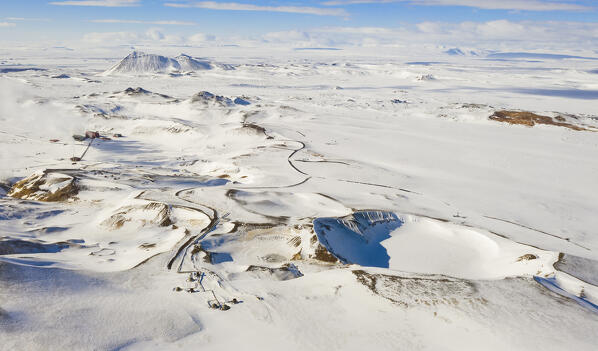 Aerial view of Krafla area and some craters during winter, Reykjahlid, Nordurland eystra, Iceland, Northern Europe