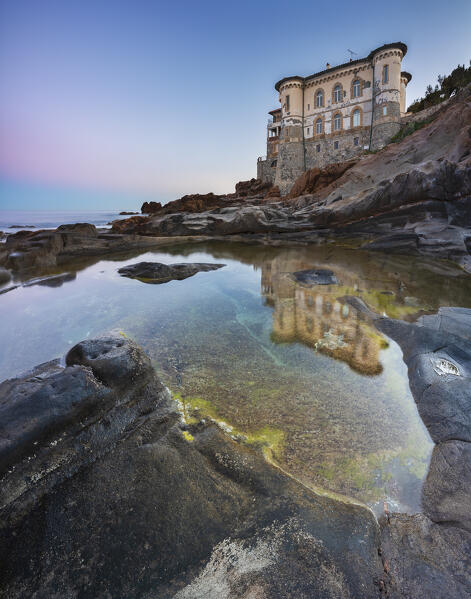 Castello del Boccale at sunrise with reflection, Livorno, Tuscany, Italy, Southern Europe