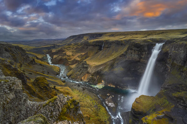 Hifoss waterfall at midnightsun during summer, Fossa river, Iceland, Northern Europe