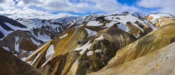 Aerial and panoramic view of Landmannalaugar mountains and canyon during summer, Landmannalaugar, Highlands, Iceland, Northern Europe 