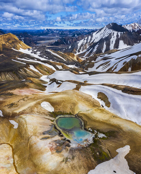 Aerial view of Landmannalaugar colorful rhyolite mountains and canyon during summer, Landmannalaugar, Highlands, Iceland, Northern Europe 