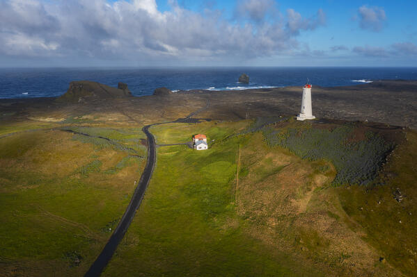 Aerial view of Reykjanesviti lighthouse at sunrise during summer, Grindavik, Reykjanes peninsula, Iceland, Northern Europe