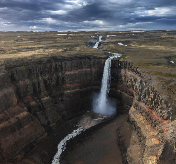 Aerial view of Hengifoss waterfall at sunset during summer, Fljotsdalur, Nordurl Mulasysla, Austurland, Iceland, Northern Europe
