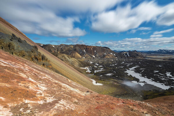 Elevated view of Landmannalaugar colorful rhyolite mountains and canyon during summer, Landmannalaugar, Highlands, Iceland, Northern Europe