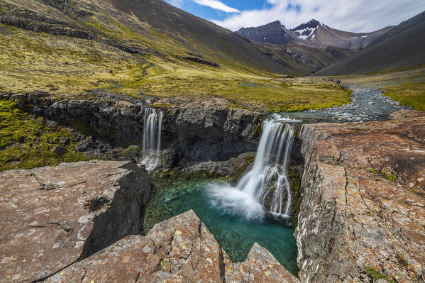 Skutafoss waterfall during summer day, Austurland, Iceland, Northern Europe