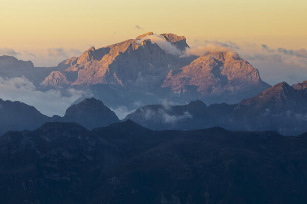 Cima Vezzana and Monte Mulaz viewed from Lagazuoi at sunrise during summer, Dolomiti di Zoldo, Belluno, Veneto, Italy, Southern Europe
