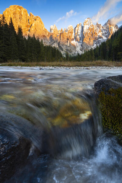 Val Venegia view and its mountains from Cimon della Pala to Mulaz at sunset during summer, Paneveggio and Pale di San Martino Park, Venegia Valley, Primiero, San Martino di Castrozza, Trento, Trentino Alto Adige, Italy, Southern Europe