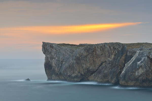 View of cliffs at Area recreativa de Guadamia and Los Bufones de Pria at sunrise, Ribadesella, Asturias, Spain, Iberian peninsula, Western Europe
