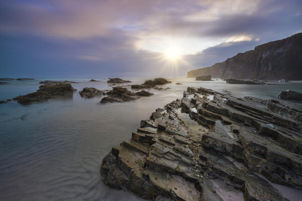 Playa de Las Catedrales at sunrise, Ribadeo, Galicia, Spain, Iberian Peninsula, Western Europe