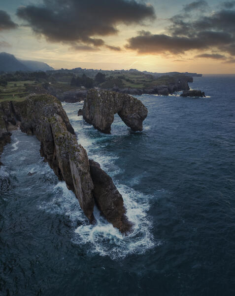 Aerial view of El castro de Las Gaviotas at sunrise, Llanes,  Asturie,  Spain, Iberian Peninsula, Western Europe