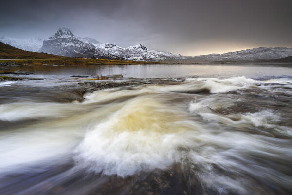 Dusk in a fjord near Flakstad, Flakstadoya, Nordland, Lofoten, Norway, Northern Europe
