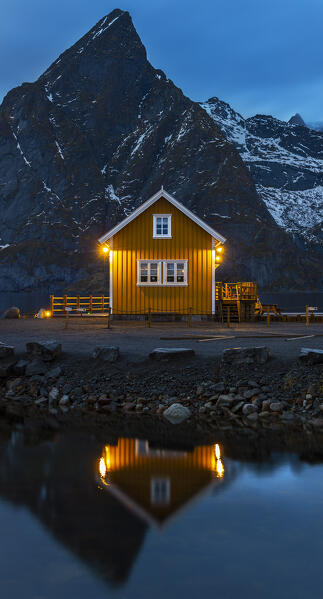 Yellow cabin in Sakrisoy during blue hour in front of Olstind mountain, Moskenes, Moskenesoya, Nordland, Lofoten, Norway, Northern Europe 