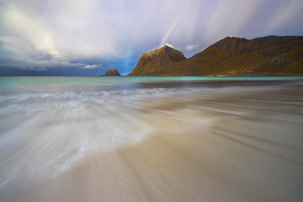 Haukland beach at sunset with rainbow, Leknes, Vestvagoy, Lofoten, Nordland, Norway, Scandinavia, Nothern Europe