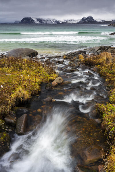 Rorvikstranda beach in a moody day, Kabelvag, Vagan, Austagoy, Nordland, Lofoten, Norway, Northern Europe 
