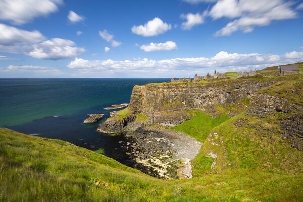 Elevated view of Dunluce Castle, Bushmills, Atrim, United Kingdom, North Ireland, England, Northern Europe