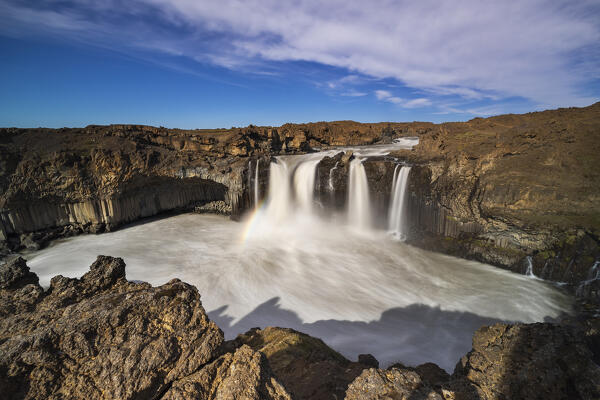 Rainbow at Aldeyjarfoss during summer, Highlands, Iceland, Northern Europe