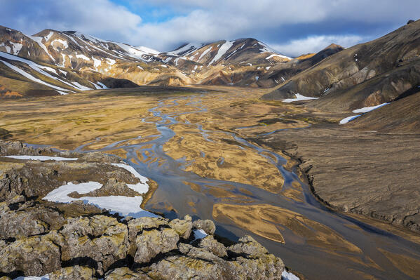 Aerial view of Landmannalaugar valley and mountains during summer, Landmannalaugar, Highlands, Iceland, Northern Europe 