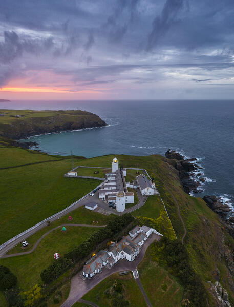 Aerial view of Lizard Point Lighthouse at sunrise, Lizard Point, Cornwall, United Kingdom, Northern Europe
