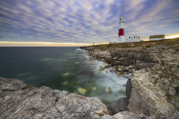 Portland Bill Lighthouse at sunset, Isle of Portland, Dorset, United Kingdom, Northern Europe