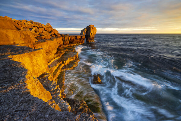 Pulpit rock at Portland Bill during sunset, Isle of Portland, Dorset, United Kingdom, Northern Europe