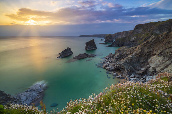 Sunset at Carnewas and Bedruthan Steps, Bedruthan Steps, Newquay, Cornwall, United Kingdom, Northern Europe