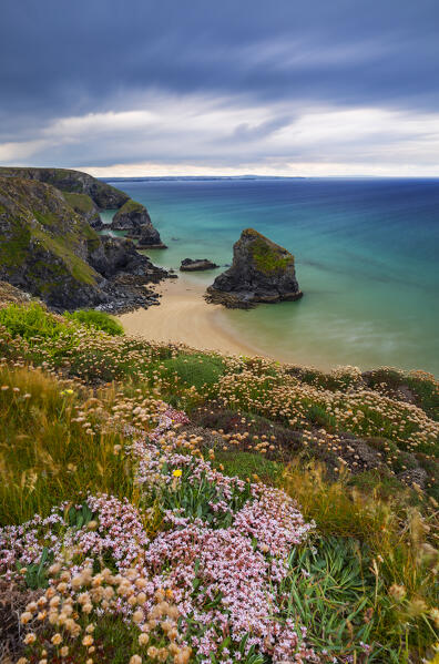 Cloudy day at Carnewas and Bedruthan Steps, Bedruthan Steps, Newquay, Cornwall, United Kingdom, Northern Europe