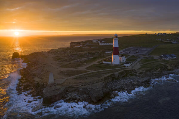 Aerial view of Portland Bill Lighthouse at sunset, Isle of Portland, Dorset, United Kingdom, Northern Europe