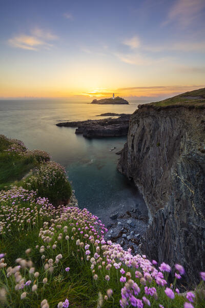 Godrevy lighthouse at sunset, Godrevy island, Cornwall, United Kingdom, Northern Europe