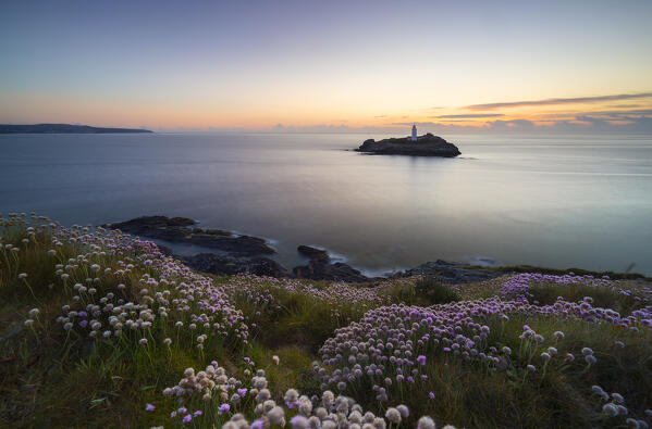 Godrevy lighthouse at sunset, Godrevy island, Cornwall, United Kingdom, Northern Europe