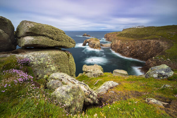 Enys Dodnan Arch and Land’s End restaurant, Penwith peninsula, Cornwall, United Kingdom, Northern Europe