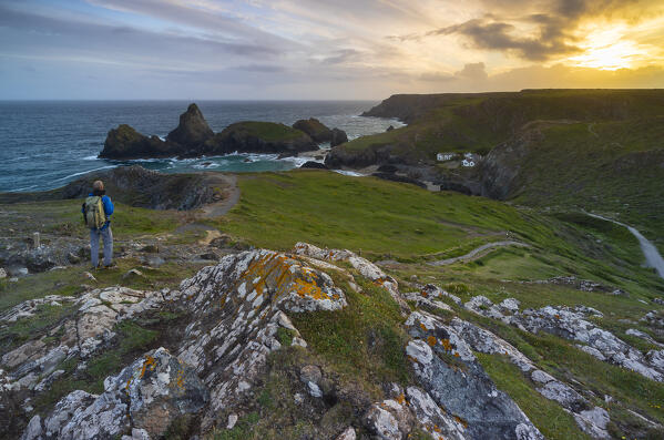 A tourist at Kynance cove bay with its stacks at sunset, Lizard Peninsula, Cornwall, United Kingdom, Northern Europe