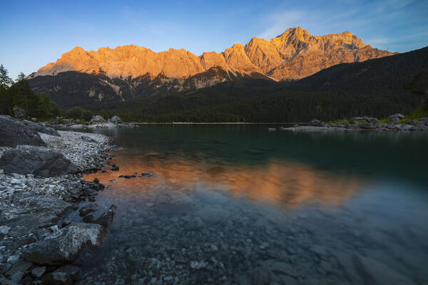 Eibsee and Zugspitze at sunset during summer, Garmish Partenkirchen, Bavaria, Germany, Deutschland, Western europe