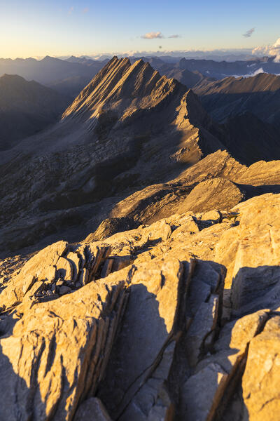 Elevated view from Pain de Sucre of Crete de la Taillante at sunset during summer, Pain de Sucre, Col Agnel, Alpi Cozie, Cuneo, Provance, Piedmont, France, Italy, Southern Europe 