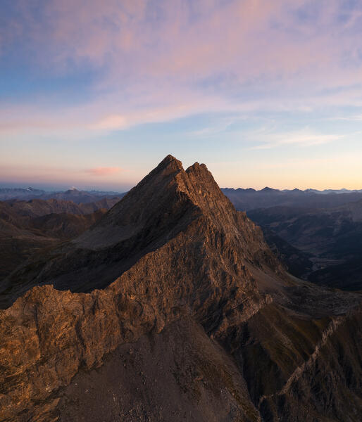 Aerial view of Crete de la Taillante at sunrise during summer, Col Agnel, Alpi Cozie, Cuneo, Provance, Piedmont, France, Italy, Southern Europe 