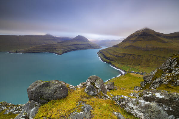 Funningsførdur viewed from Gonguturur Hvithamar trailhead, Sunda municipality, Eysturoy, Faroe Islands, Denmark, Scandinavia