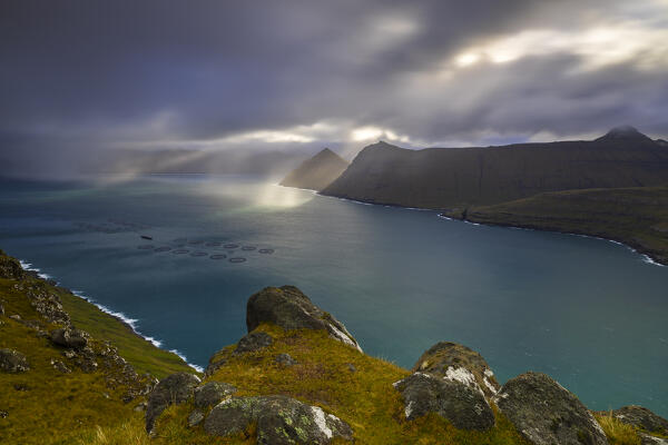 Funningsførdur and Kalsoy island viewed from Gonguturur Hvithamar trailhead, Sunda municipality, Eysturoy, Faroe Islands, Denmark, Scandinavia